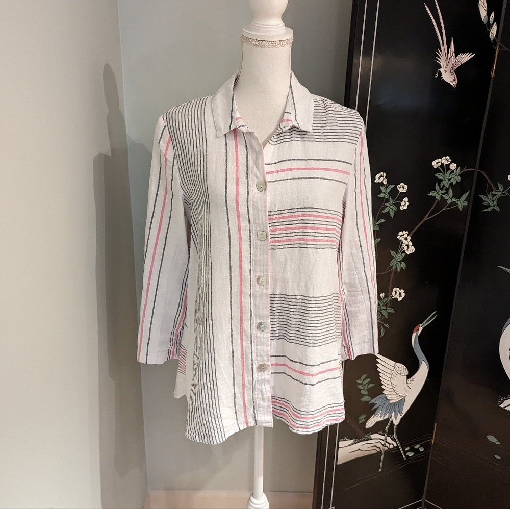 Habitat Women's Small Mixed Stripe Linen Blend Button Lagenlook A-Line Shirt 114